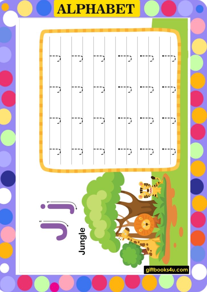 Worksheet for Learning and Writing Alphabet J j for Playgroup, nursery and kindergarten kids