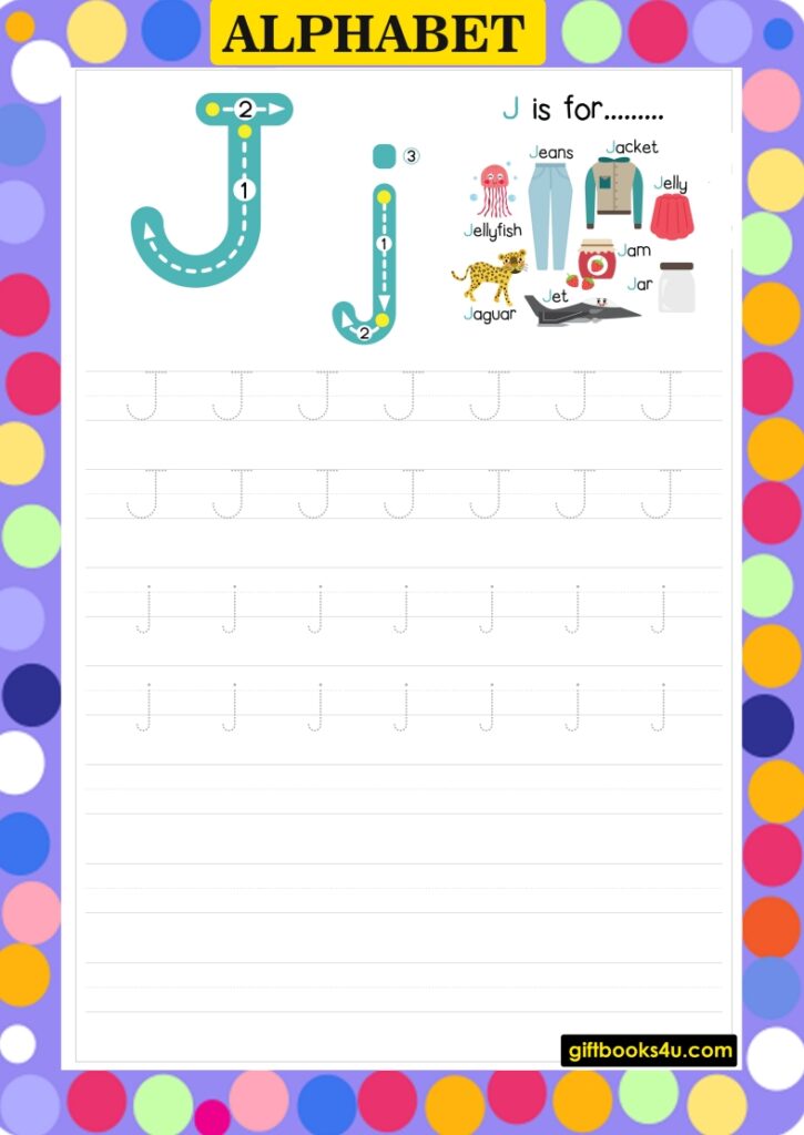 Alphabet J Learning and Writing Worksheet for Nursery, Playgroup and Kindergarten Kids