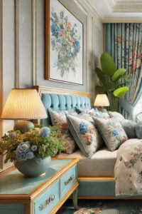 A Bedroom with floral soft blue flower curtains